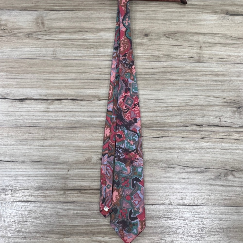 Vintage Bugle Boy USA Mens Abstract Geometric Polyester Necktie Pink Teal 90s